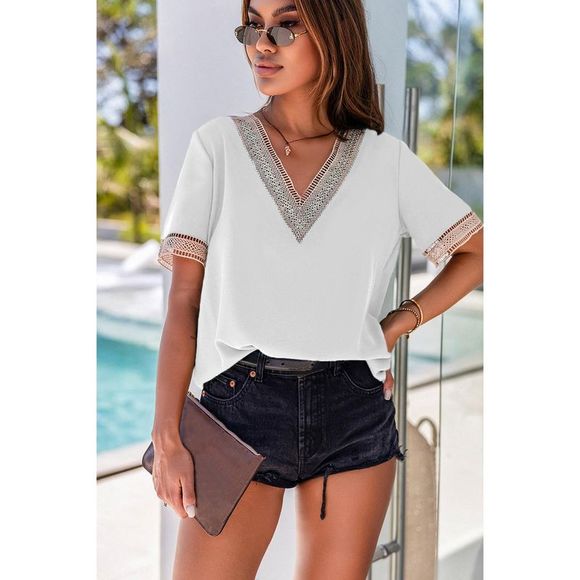 Azura Exchange  White Lace Trim V Neck Short Sleeve Blouse - Picture 4 of 15